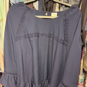 a new day Navy Blue Blouse with Lace Accents